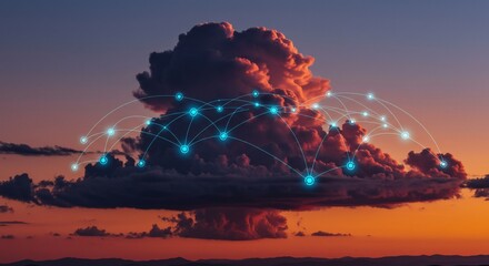 Sunset Cloud Network Digital Connections Over Dramatic Sky