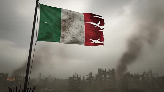A dirty and tattered Italian flag waving over the smoking ruins of a city destroyed by war.