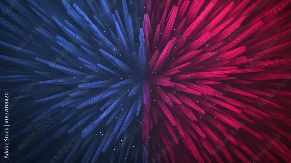 Poster the image displays an abstract, symmetrical burst pattern with one half dominated by blue tones and 