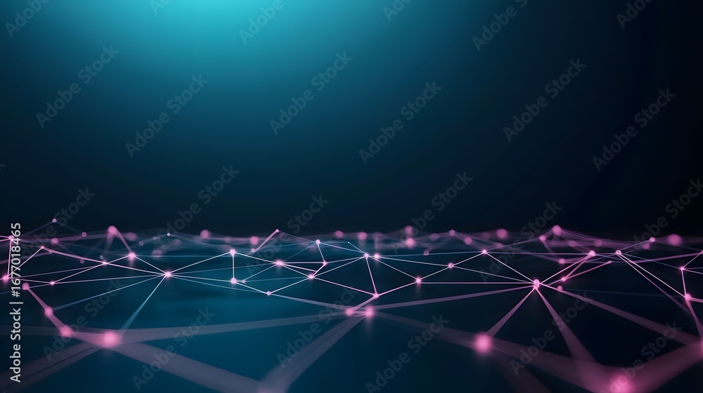 Poster the image showcases a network of interconnecting pink lines and glowing nodes against a dark blue gr