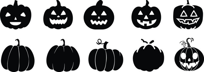 Halloween pumpkin icon set.Evil pumpkin symbol. Halloween decoration cartoon sign.Cute Creepy Spooky Halloween Pumpkin Fall Autumn Sticker Print Illustration.Halloween evil face vector illustration.