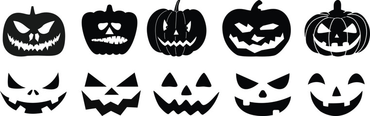 Halloween pumpkin icon set.Evil pumpkin symbol. Halloween decoration cartoon sign.Cute Creepy Spooky Halloween Pumpkin Fall Autumn Sticker Print Illustration.Halloween evil face vector illustration.