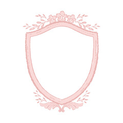 Pink vintage frame border illustration, Vector hand drawn floral crest design element.