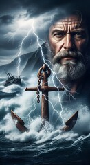 A weathered sea captain stares into a violent storm as lightning strikes an ancient anchor caught in the churning waves.