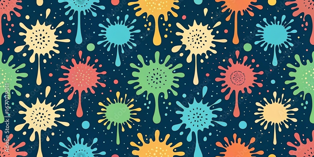 Poster vibrant colorful paint splatters and drips creating a lively and energetic seamless pattern