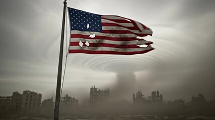 A torn American flag waving over the ruins of a city with a nuclear bomb explosion in the background. - Powered by Adobe