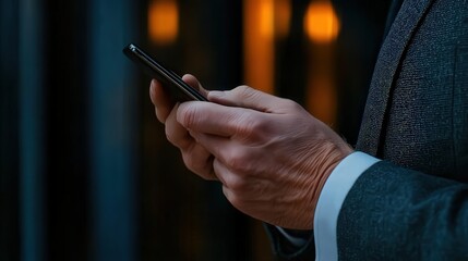 Obraz premium A close-up of a person's hands holding a smartphone, showcasing a modern and professional setting, This image is perfect for business, technology, or communication-related content,