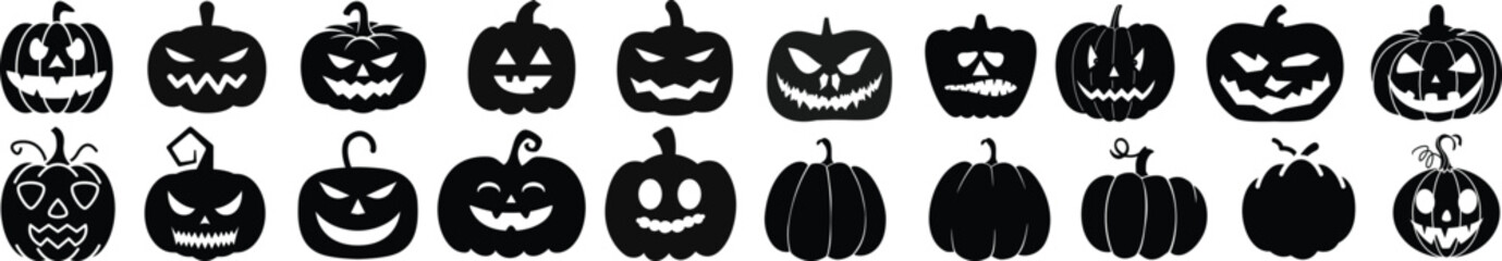 Halloween pumpkin icon set.Evil pumpkin symbol. Halloween decoration cartoon sign.Cute Creepy Spooky Halloween Pumpkin Fall Autumn Sticker Print Illustration.Halloween evil face vector illustration.