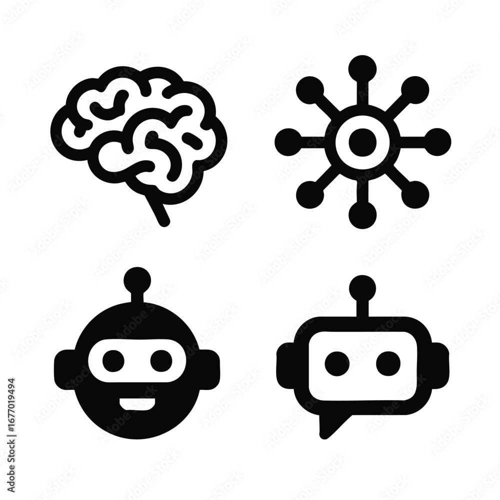 Poster a set of 4 artificial intelligence icons digital brain, neural network, robot head, chatbot bubble.