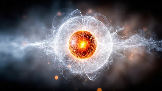 Energy Orb in Cosmos: An artistic visualization, a central sphere emanates intense energy within a cosmic realm. Its captivating brilliance evokes themes of innovation and scientific discovery.