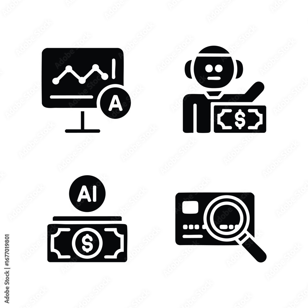 Poster ai in finance icon set, 4 icons algorithmic trading chart, ai analyzing money, fraud detection magni
