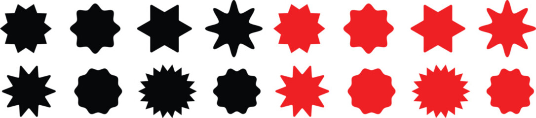 Black and red  Starburst. Circle sale sticker set. Wavy edge promo black and red badges. Special offer price tag. Sale, promo label color design. Vector illustration
