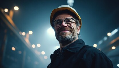 Smiling young man wearing headphones and a cap in a vibrant urban setting at night with city lights in the background