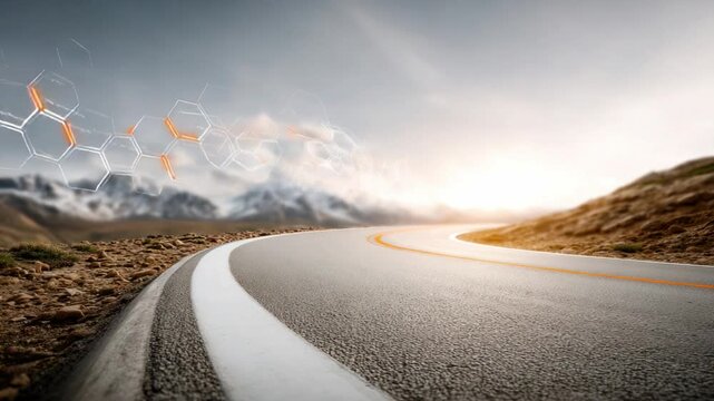 Road to Innovation: A winding road stretches towards majestic mountains under a bright sun, enhanced with the visual of molecule structure implying innovation.