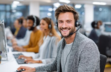 Smiling young man with headphones working on laptop in modern with colleagues in background