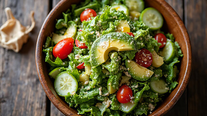 Overhead shot of a fresh salad in a wooden bowl with lettuce, avocado, tomatoes, cucumbers, and olive oil drizzle, rustic wooden table