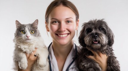 Smiling young woman holding a fluffy cat and a small dog, both pets looking cheerful and content, in a bright indoor setting with a friendly atmosphere