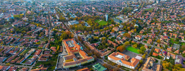 Aerial view of the city Gyula in Hungary on on a sunny day in autumn.