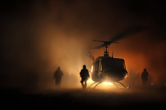 Nighttime firefighting: helicopters silhouetted against blazing inferno. Night operations. Ghs's bell 412 helicopters: key assets in combating summer wildfires. Pilot's perspective.