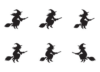 flying witch logo silhouette vector, witch on broom logo vector silhouette illustration, flying witch silhouette design, halloween flying witch on broom logo silhouette vector on white background