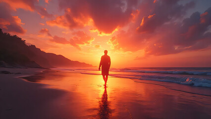 Silhouette of a person walking barefoot along the shoreline at golden sunset