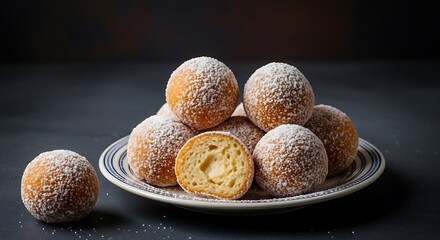 Close Up of Delicious Powdered Sugar Donuts.