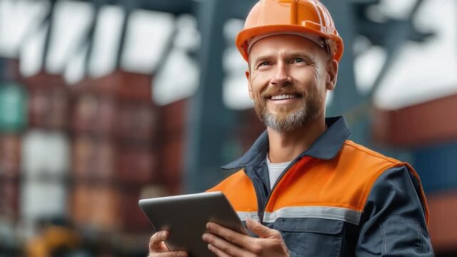 Optimistic Engineer: An experienced engineer, wearing a protective helmet, stands confidently with a tablet, exuding professionalism. and with a smile reflecting their competence