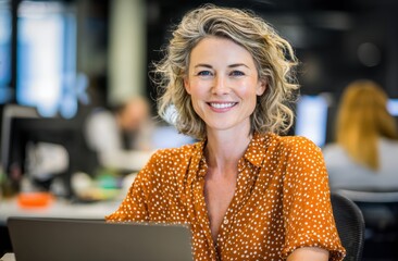 Smiling young woman with curly blonde hair working on a laptop in a modern environment with colleagues in the background