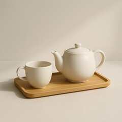 Ceramic Teapot and Cup on Wooden Tray Mockup