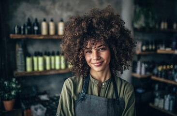 Smiling young woman with curly hair wearing an apron in a cozy coffee shop with shelves of jars and plants in the background