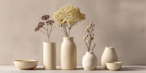 Neutral-toned ceramic vases and dried flowers arranged on a light beige surface