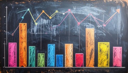 Business performance analytics concept with a vibrant chalk drawing of statistical bar charts and line graphs on a dark chalkboard background