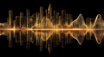 Golden city skyline, abstract wave reflection