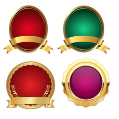 set of golden labels with red ribbon