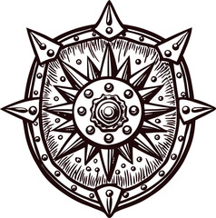 Medieval engraved round shield with spiked sunburst center and metal rim isolated on white background