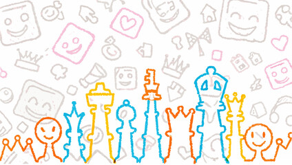 Colorful drawing of chess pieces and various doodles including faces hearts and crowns on white background