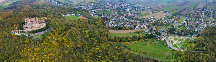 Aerial wide view around the city Leobendorf in Austria on a cloudy autumn day
