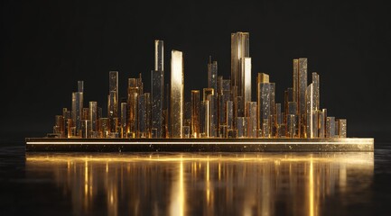 Gold & black city skyline, 3D rendering.  Elevated cityscape,  faceted buildings,  golden tones.  Dark background, reflected light