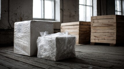 Warehouse with crates packaging storage photography lifestyle stylish commerce composition background