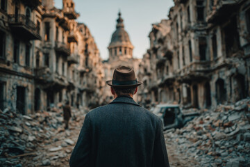 Naklejka premium Man in Hat in Destroyed City Street Facing Domed Building