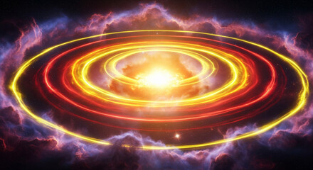 A vibrant, abstract representation of a celestial body with concentric rings of light radiating outwards.