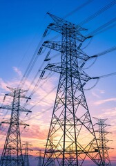 High voltage power lines and pylons against a colorful sunset sky