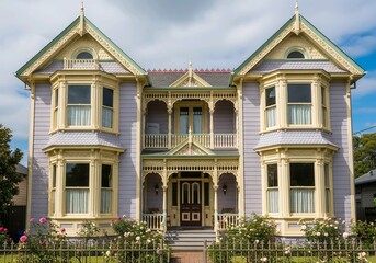 Fototapeta premium Grand Victorian Villa in Pastel Lavender and Cream with Rose Garden