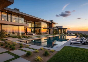 Fototapeta premium Stunning Modern Mansion with Infinity Pool at Golden Hour