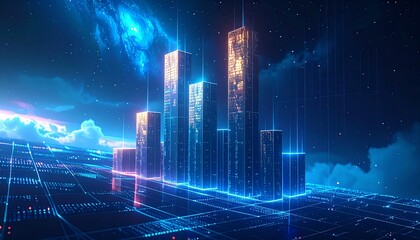 Futuristic metropolitan skyline rendered with vibrant neon lights and digital data streams, illustrating advanced urban infrastructure and connectivity