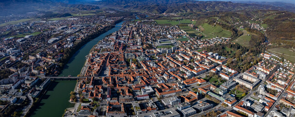 Aerial panaorama view of the city Maribor in Slovenia on a sunny autumn afternoon