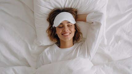 The woman sleeps soundly with a silk mask covering her eyes, which is blue in color