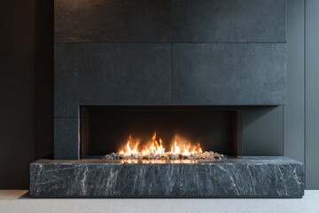 Modern fireplace with dark stone surround