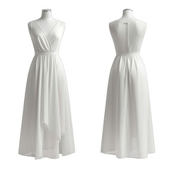 Elegant white dress on a mannequin showcasing a flowing design with a deep V-neck and asymmetrical hem.