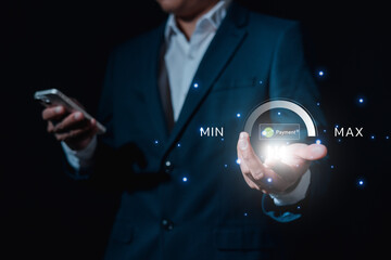 Businessman using smartphone with digital payment control interface, concept of financial technology, mobile banking, secure transaction, fintech innovation money management system.